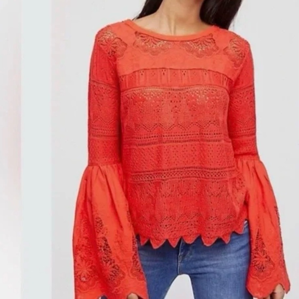 Free People Once Upon A Time Top – Red/Orange Lace Bell Sleeve Blouse - Picture 14 of 15